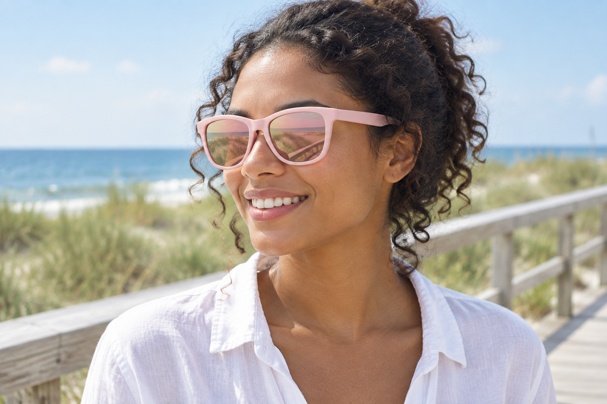 Woman on a seaside boardwalk wearing Rainbow Bold sunglasses with pale pink frames and rose-tinted lenses