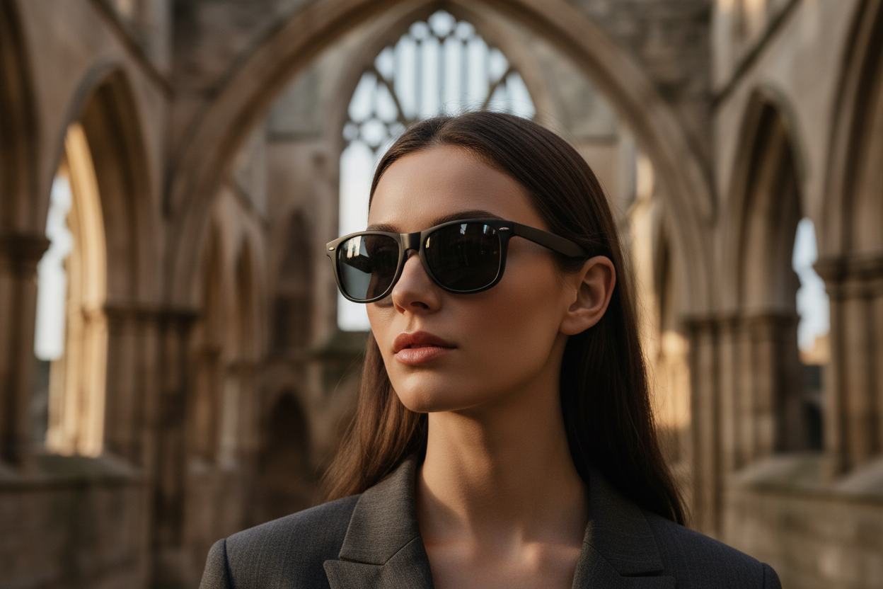 Woman wearing classic matte black wayfarer sunglasses Coventry Cathedral backdrop