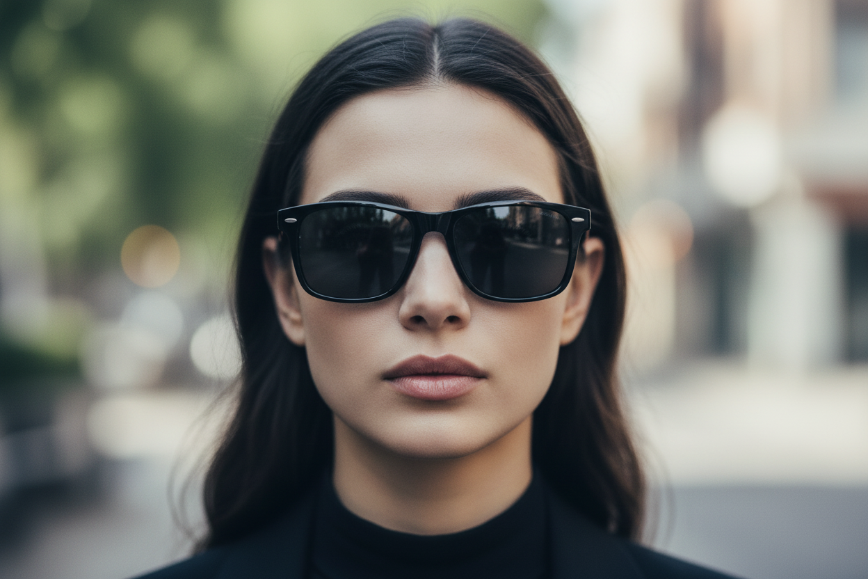 Woman wearing Edinburgh II black sunglasses portrait 0 degree