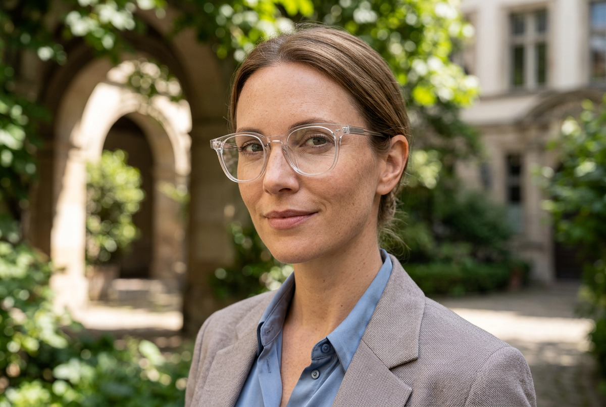 A woman with light brown hair pulled back, wearing clear-framed eyeglasses, a light blue button-up shirt, and a gray blazer, standing outdoors in front of a stone building with green foliage.