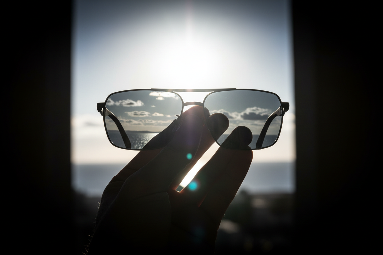 Polarised sunglasses held up to light showing crystal clear UV400 lenses — are polarised sunglasses worth it in the UK | Missandtrendy®