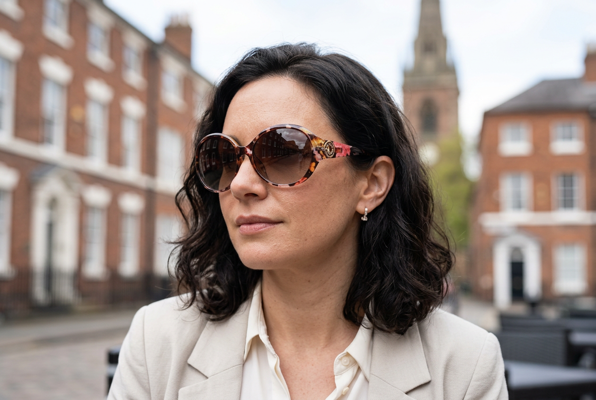 Woman wearing round floral sunglasses with brown gradient lenses and gold temple ornaments in Birmingham’s St Paul’s Square.