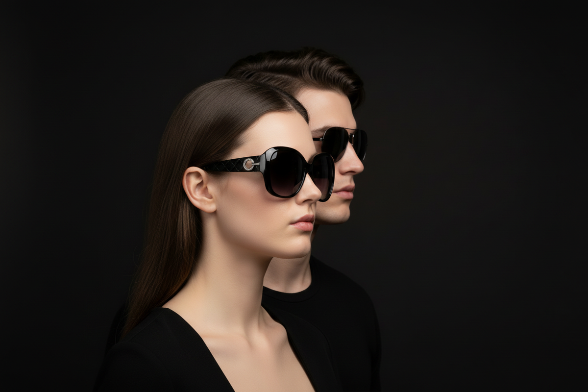 Woman in Manchester UV sunglasses beside man in Brighton aviators