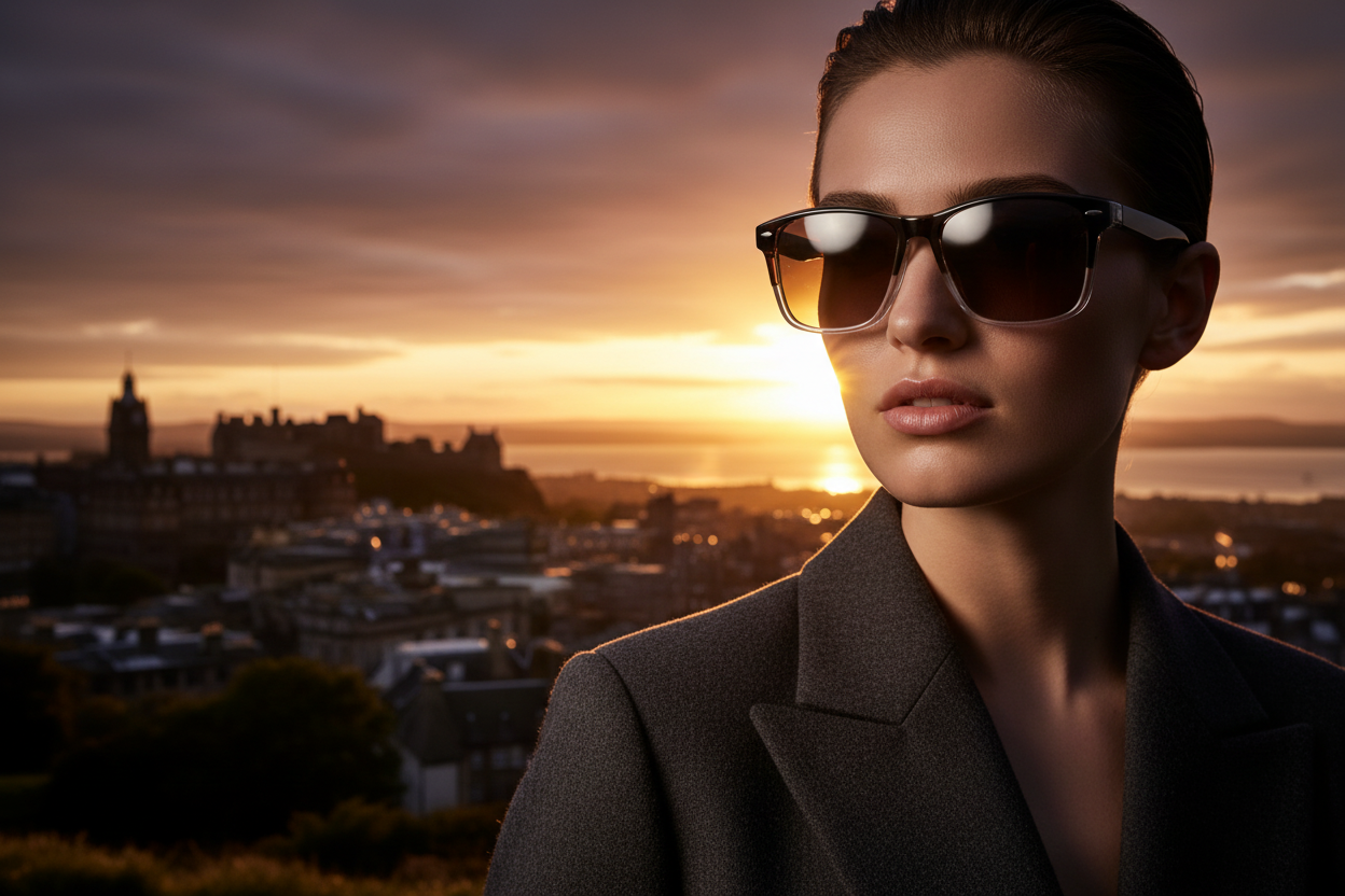 Woman wearing black-to-clear gradient polarised wayfarer sunglasses on Calton Hill Edinburgh at sunset, Edinburgh Castle and the Firth of Forth in the background — Missandtrendy® polarised sunglasses Edinburgh