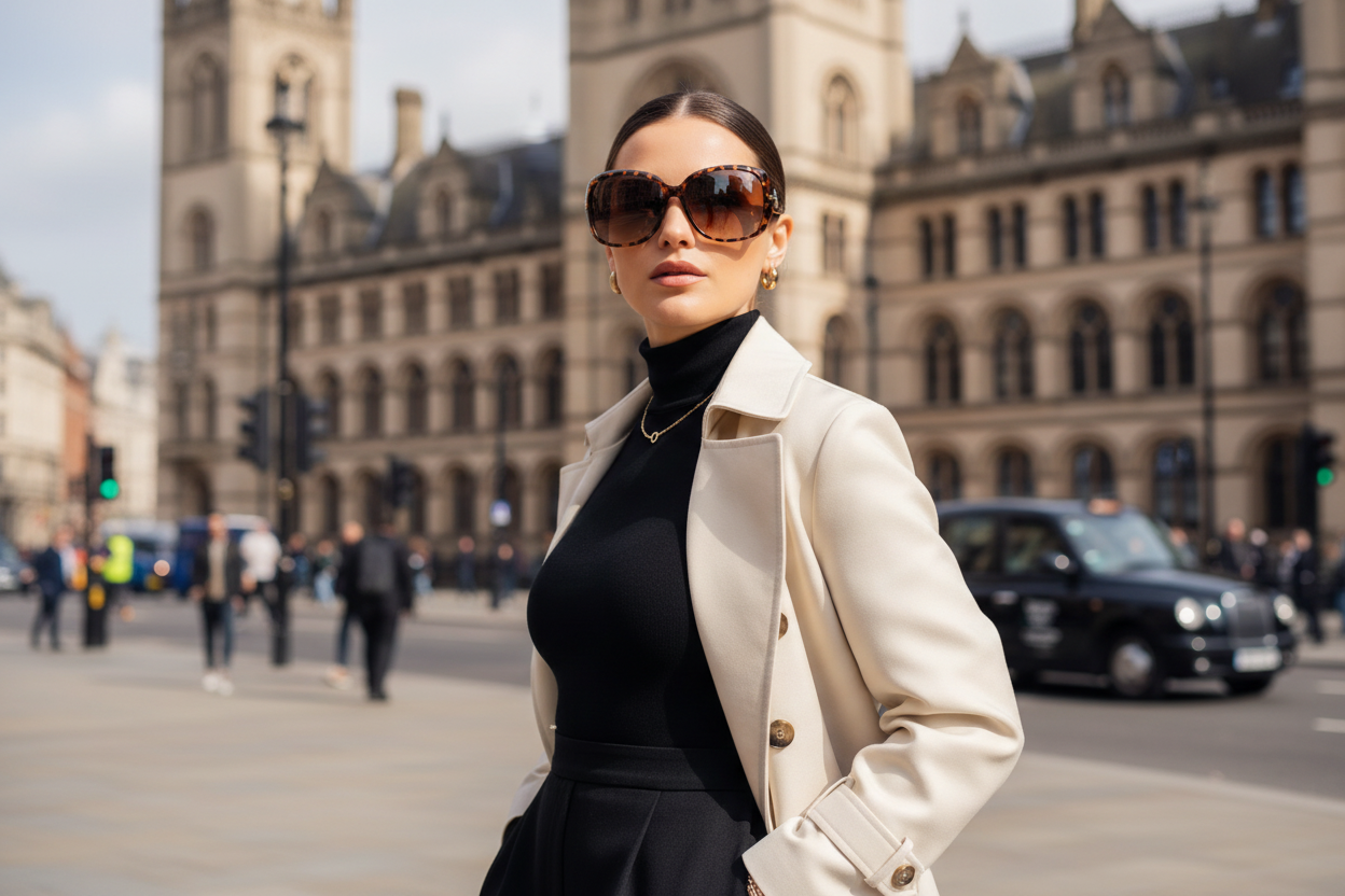 Woman wearing Missandtrendy oversized tortoiseshell sunglasses at Manchester Town Hall Albert Square