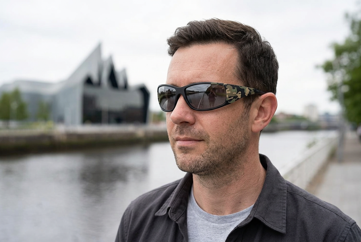 Man wearing camouflage wraparound sunglasses with silver-grey lenses beside the River Clyde, with Glasgow’s Riverside Museum behind him