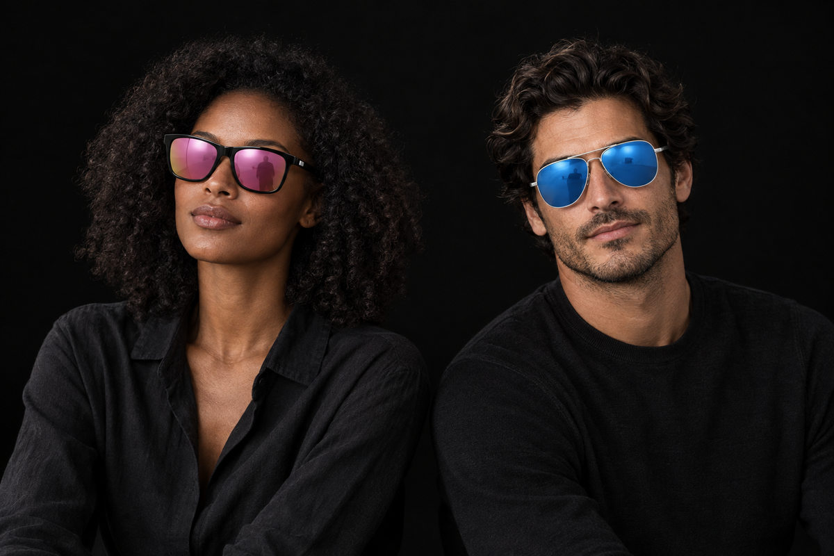 Woman wearing pink mirrored sunglasses beside a man wearing blue mirrored aviator sunglasses against a dark background.