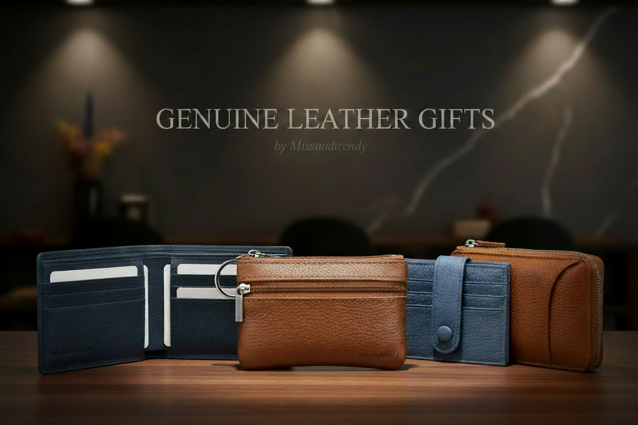 "Best leather gifts UK \u2014 genuine leather pouch, wallet and keyring by Missandtrendy, blind-embossed and gift-ready"