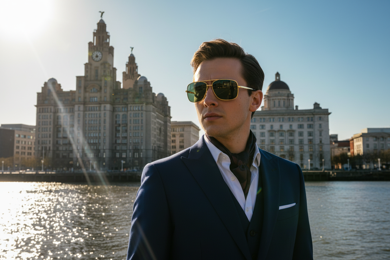 Person wearing Missandtrendy gold frame sunglasses at Liverpool Pier Head waterfront, sun glare reflecting off the River Mersey