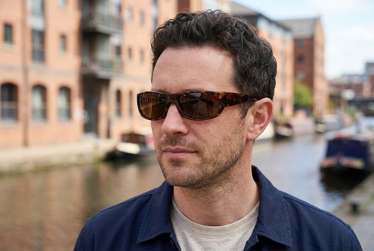 Man wearing rectangular tortoiseshell sunglasses with brown lenses beside the water at Granary Wharf in Leeds