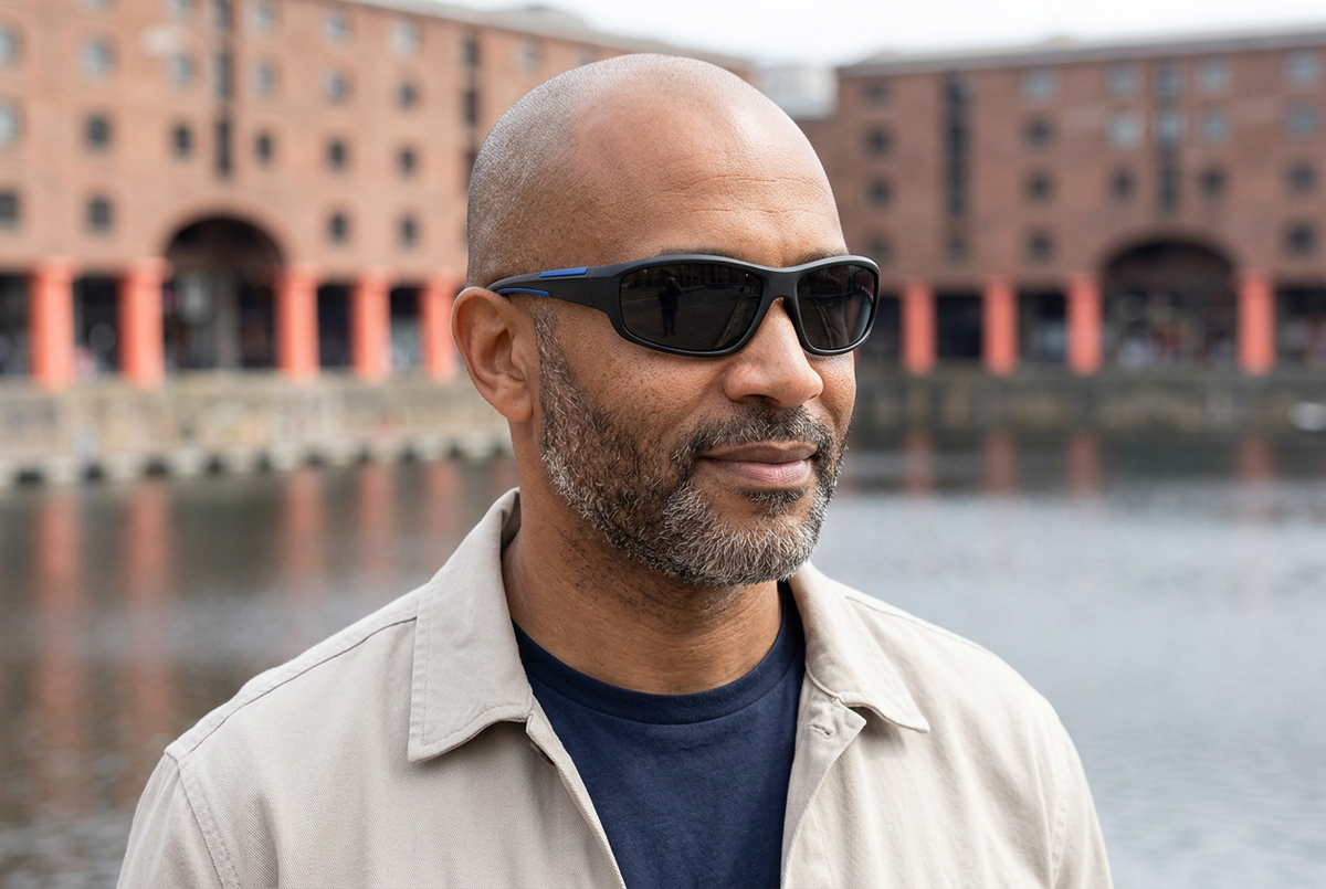 Man with a shaved head and salt-and-pepper beard wearing black wraparound sunglasses with blue temple accents at Liverpool’s Royal Albert Dock