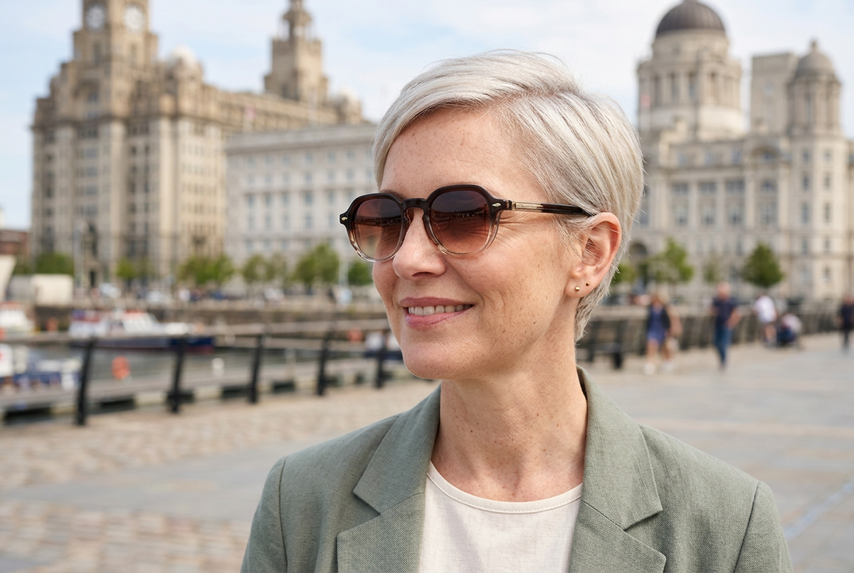 Woman with a silver-blonde pixie haircut wearing brown gradient sunglasses with translucent lower rims on Liverpool’s waterfront.