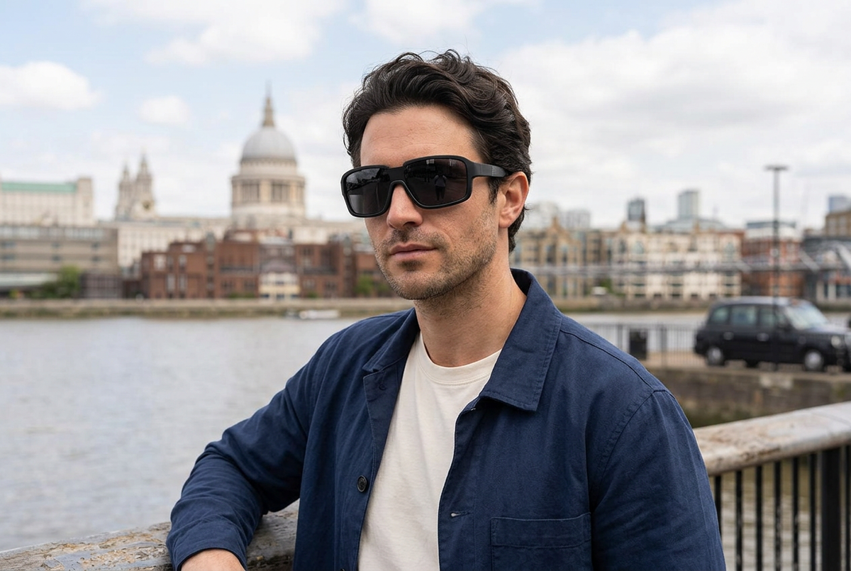 Man wearing oversized black rectangular sunglasses on London’s South Bank, with St Paul’s Cathedral across the Thames.