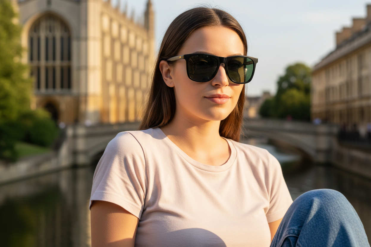 Woman wearing black frame deep green polarised sunglasses in Cambridge — Missandtrendy polarised sunglasses Cambridge