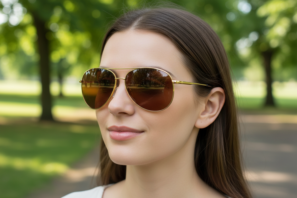 Woman wearing Missandtrendy polarised UV 400 gold wraparound aviator sunglasses outdoors in Preston — gold frame brown lens