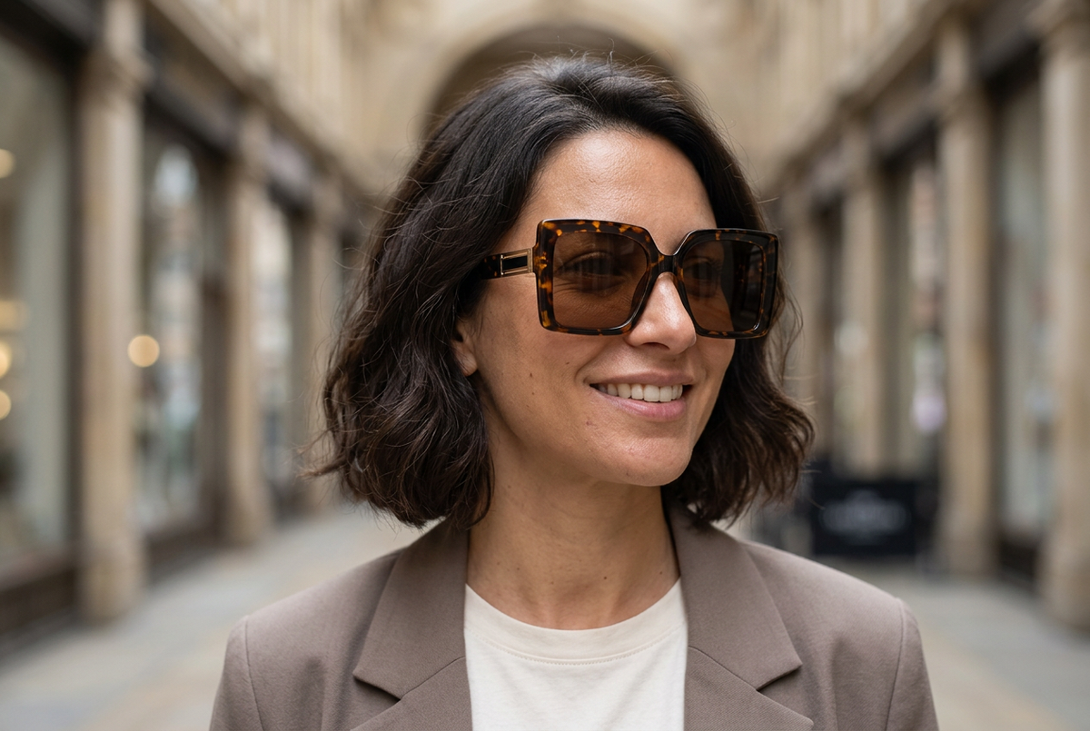 Woman wearing oversized square tortoiseshell sunglasses with brown lenses and rectangular gold temple details outside a shopping arcade in Leeds