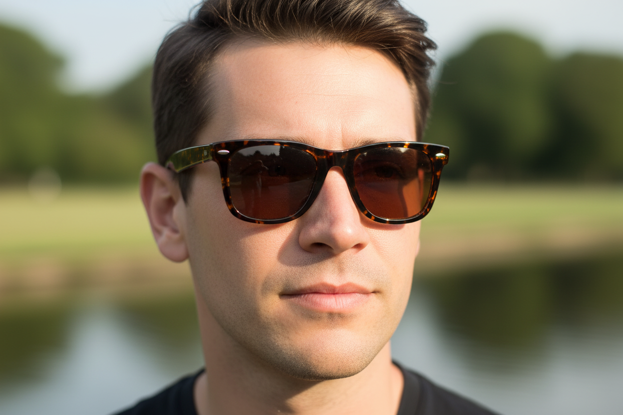 Man wearing Missandtrendy polarised UV 400 tortoiseshell wayfarer sunglasses outdoors in Stoke-on-Trent — brown frame brown lens