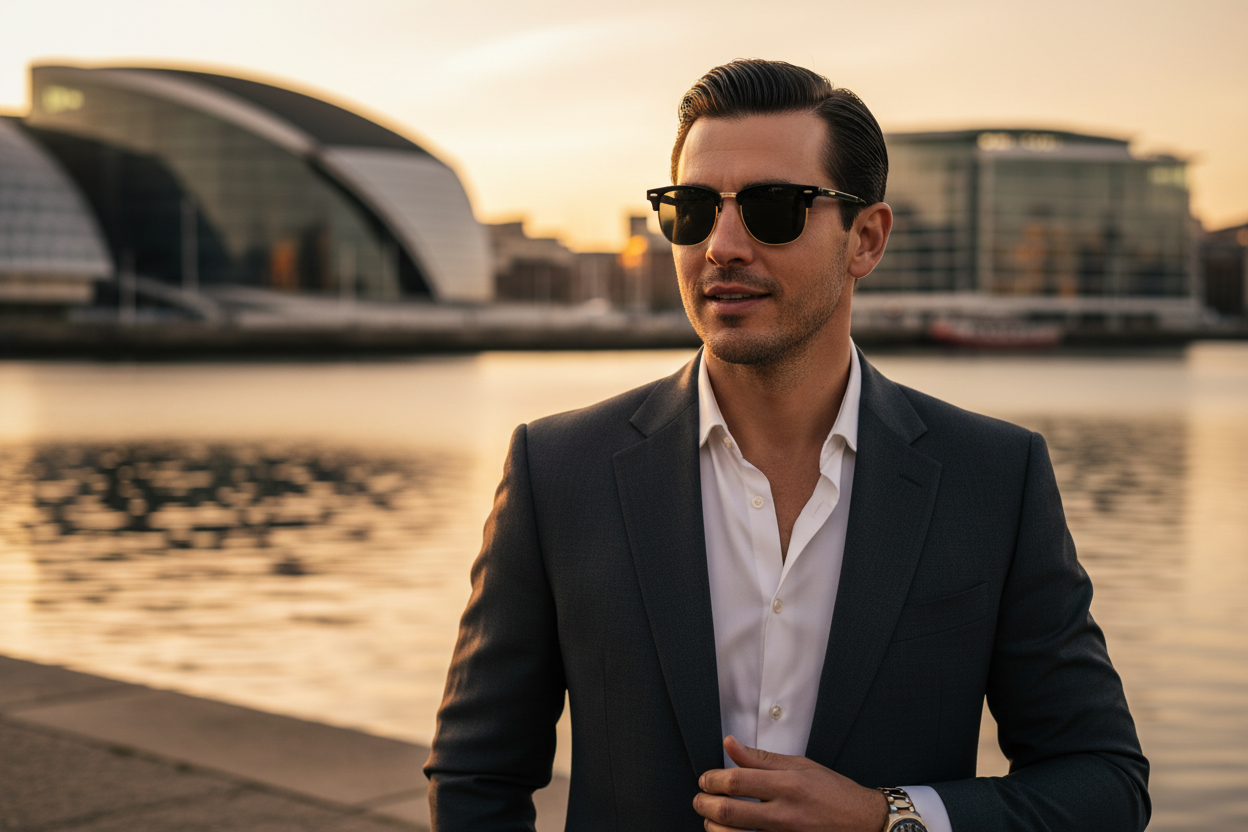 Man wearing black and gold clubmaster polarised sunglasses at Cardiff Bay golden hour, Wales Millennium Centre and Senedd in the background — Missandtrendy® polarised sunglasses Cardiff