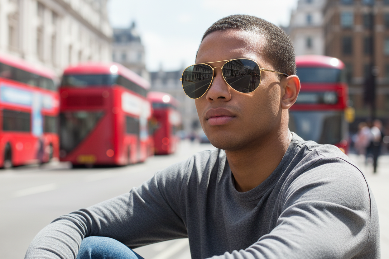 Man wearing gold unisex aviator UV400 polarised sunglasses on London street — Missandtrendy unisex sunglasses