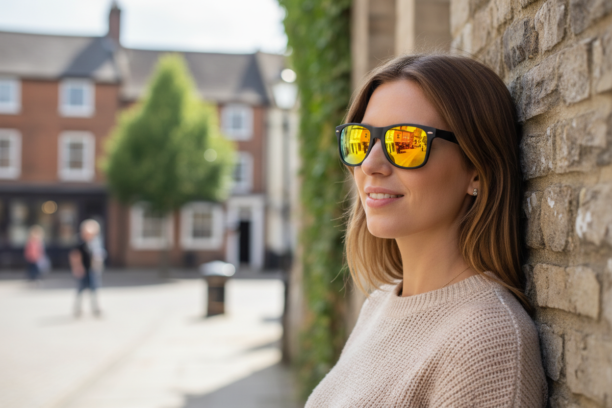 Woman wearing Missandtrendy polarised UV 400 matte black wayfarer sunglasses with yellow mirror lenses outdoors in Winchester