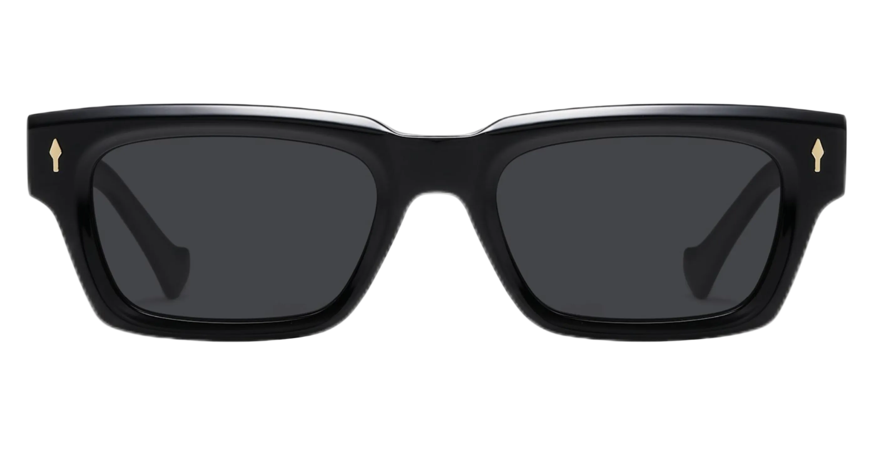 Black rectangle UV 400 polarised sunglasses with dark gray lenses and small gold logo details on the temples, shown against a plain white background by Missandtrendy