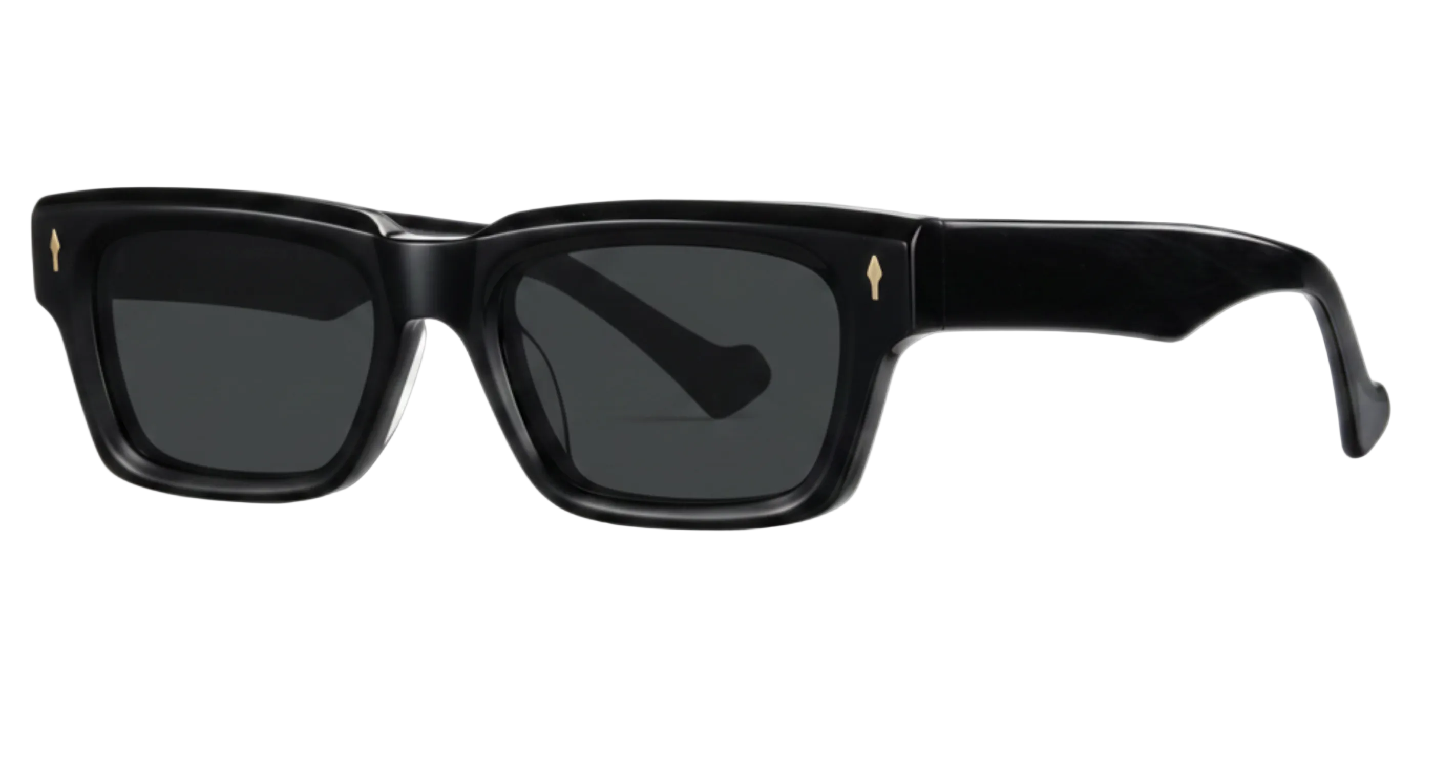 Black acetate UV 400 Polarised sunglasses with dark dark lenses and small gold diamond-shaped accents on the black temples, shown against a plain white background by missandtrendy
