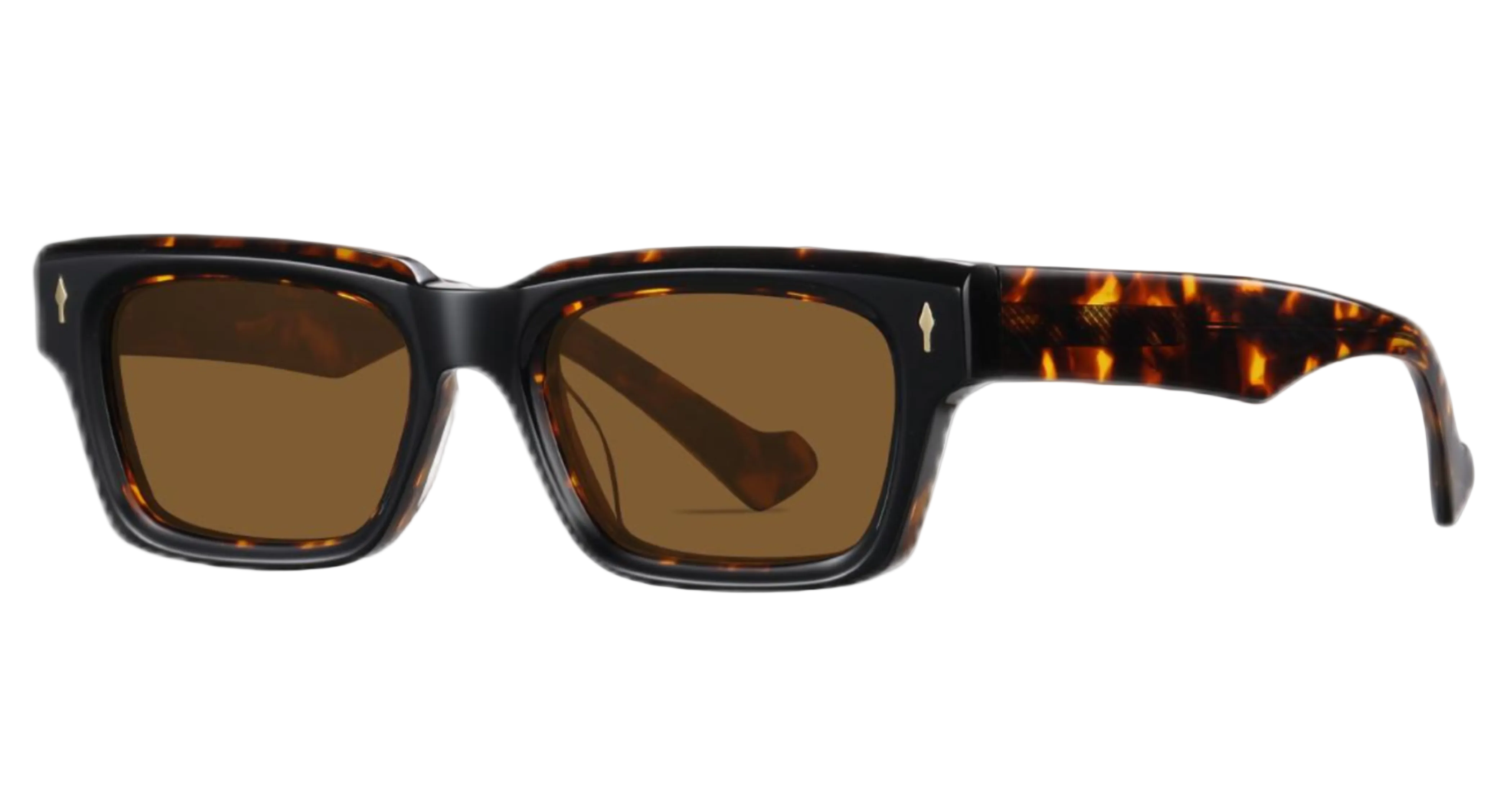 Black acetate UV 400 Polarised sunglasses with brown lenses and small gold diamond-shaped accents on the tortoiseshell temples, shown against a plain white background by missandtrendy