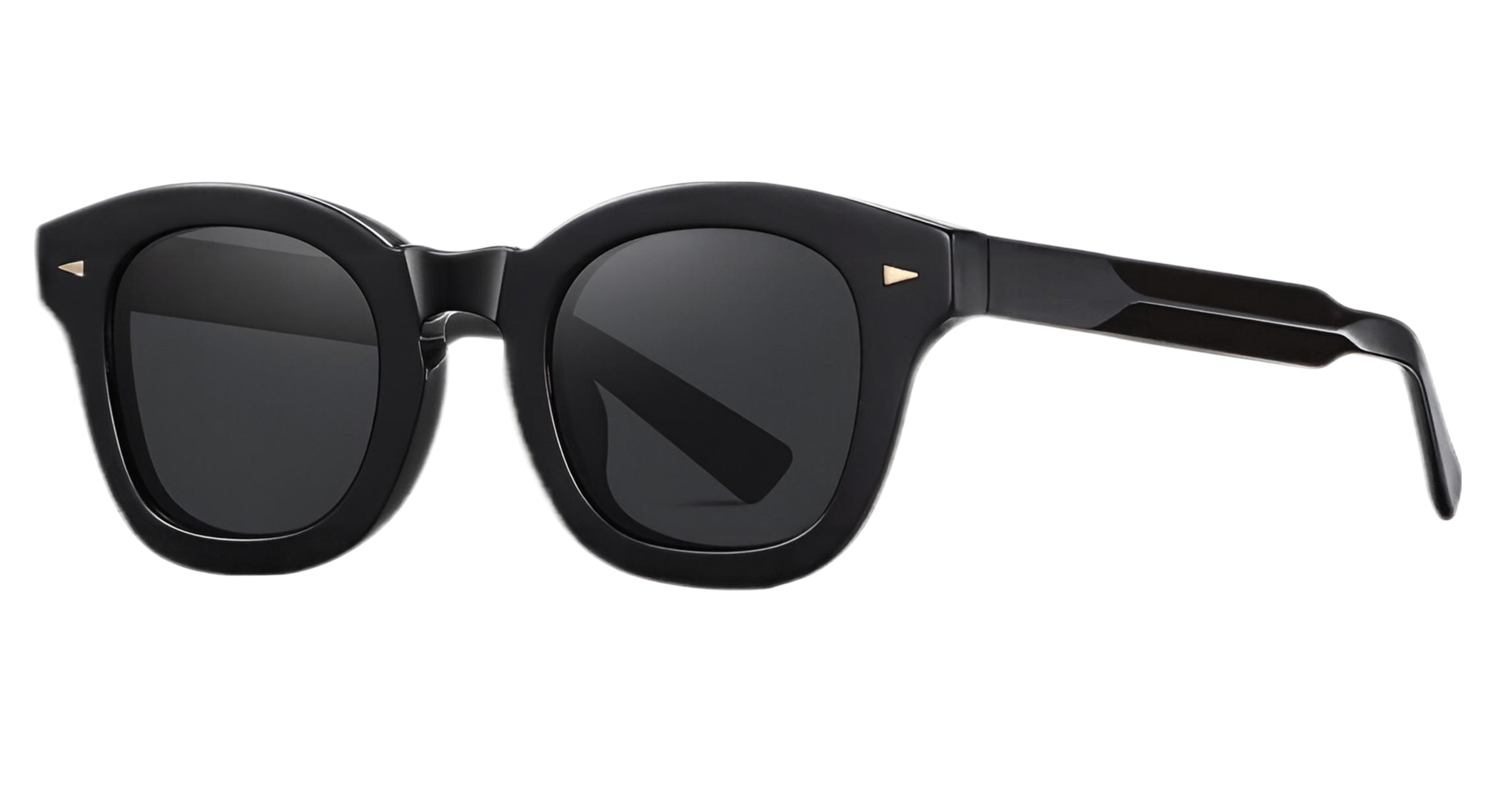 Catwalk Oversized UV 400 polarised Black acetate sunglasses with black lenses and small gold geometric accents on the black  temples, shown on a plain white background.