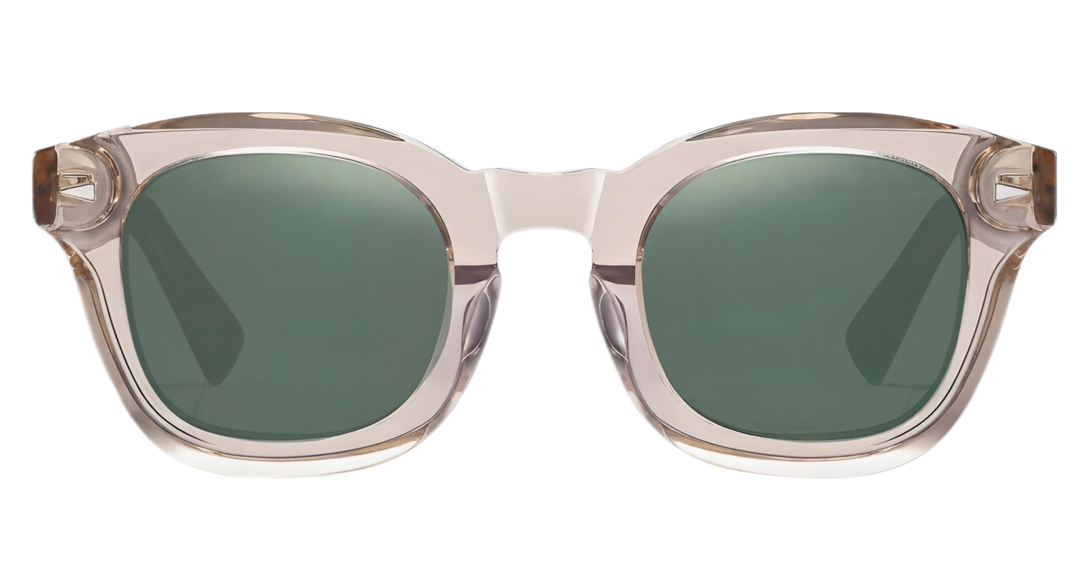 A pair of oversized square sunglasses with translucent pale pink frames and muted green lenses, shown against a plain white background   by Missandtrendy 