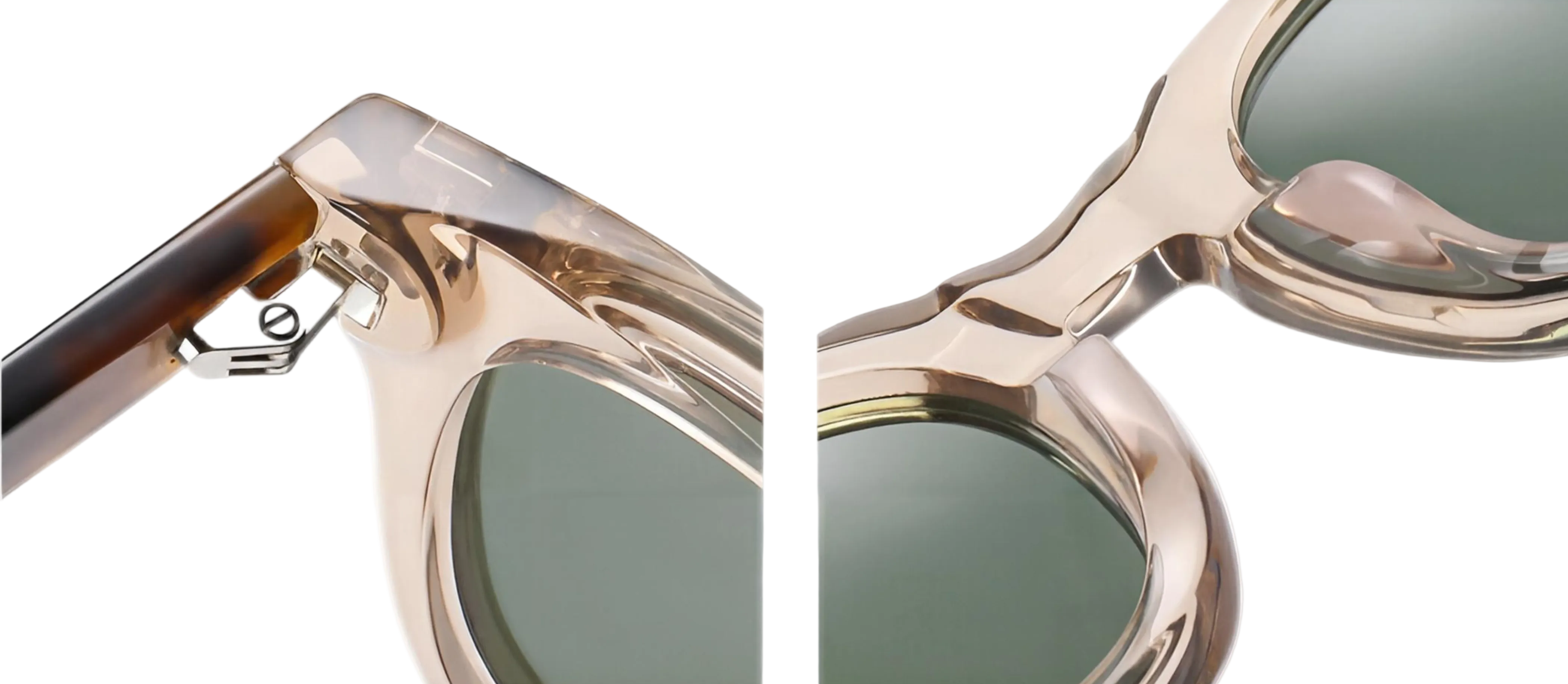 Close-up detail shots of a pair of  UV 400 Polarised sunglasses showing the acetate frame, hinge mechanism, and green-tinted lenses against a white background by Missandtrendy