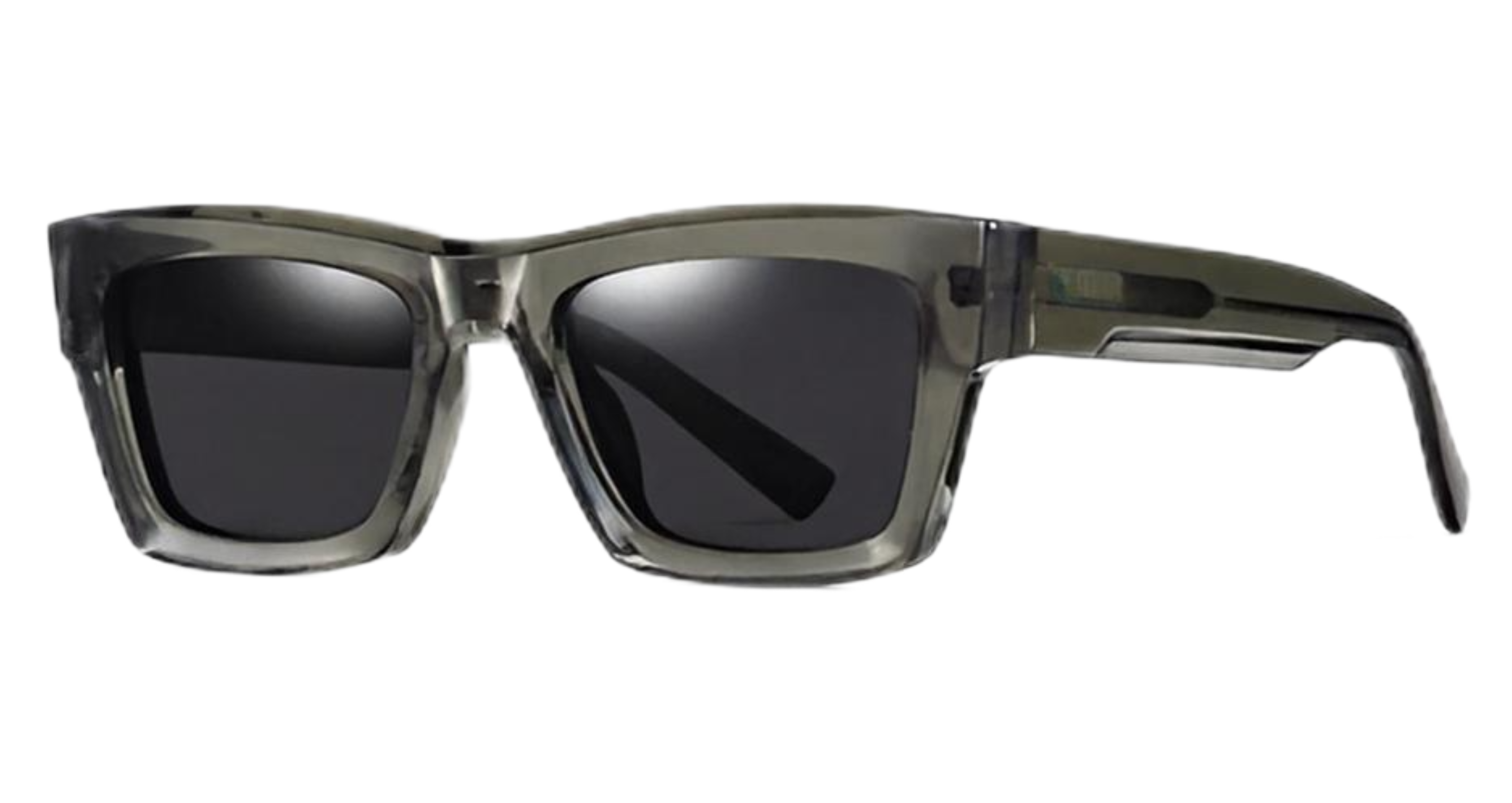 London - Oversized square sunglasses with a translucent smoky grey acetate frame and dark grey lenses, shown from the side on a plain white background. by Missandtrendy
