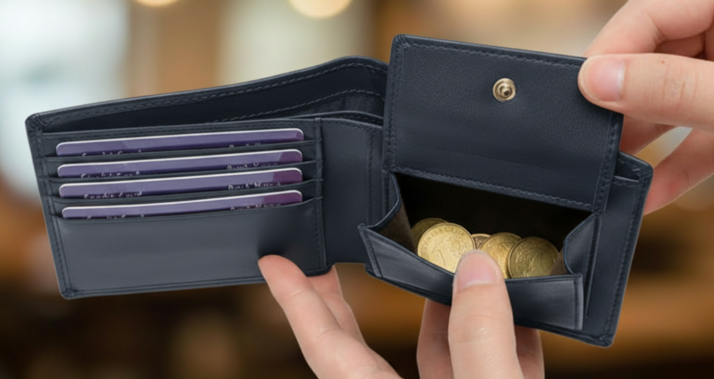 Genuine Leather Bifold Wallet for Men Perfect Gift Navy unfolded coins