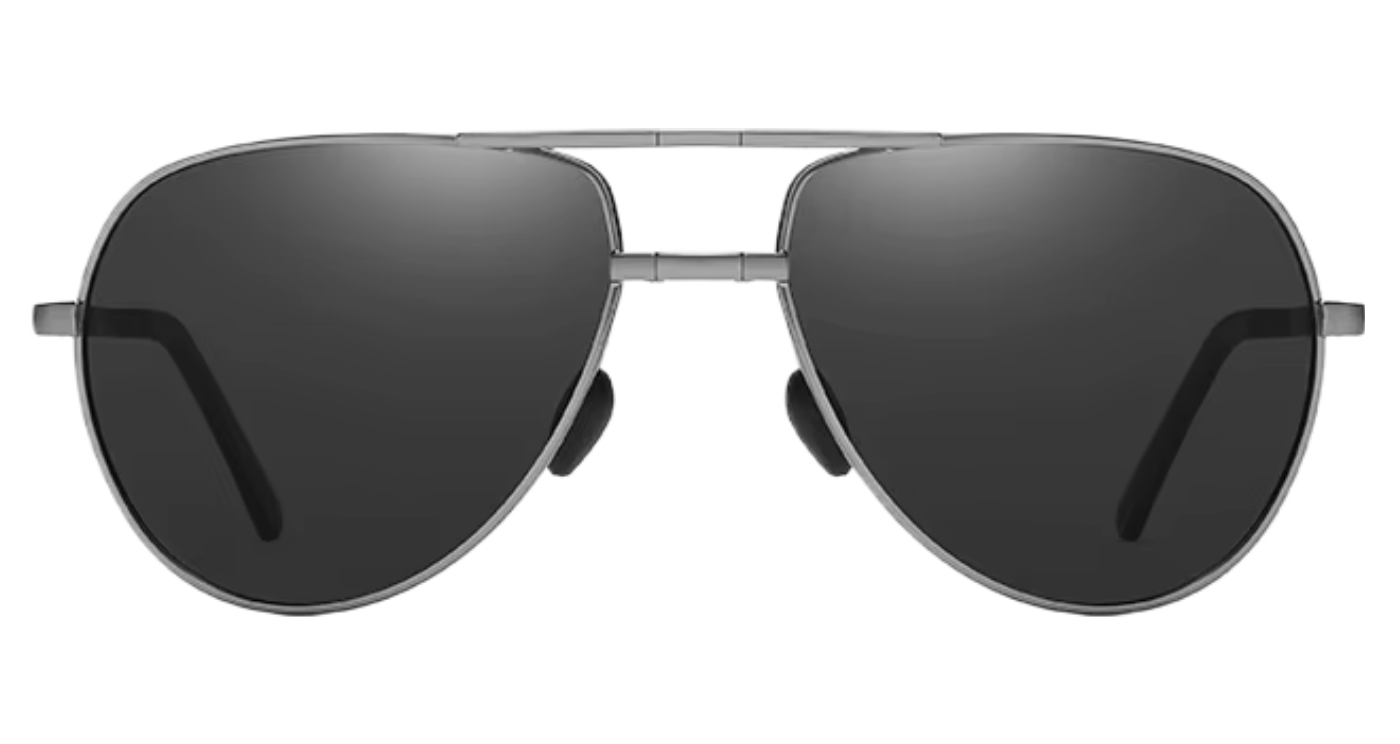 A pair of modern folding aviator-style eyeglasses with a thin silver-tone metal frame, black lenses, and black temple tips, shown on a clean white background front view by Missandtrendy
