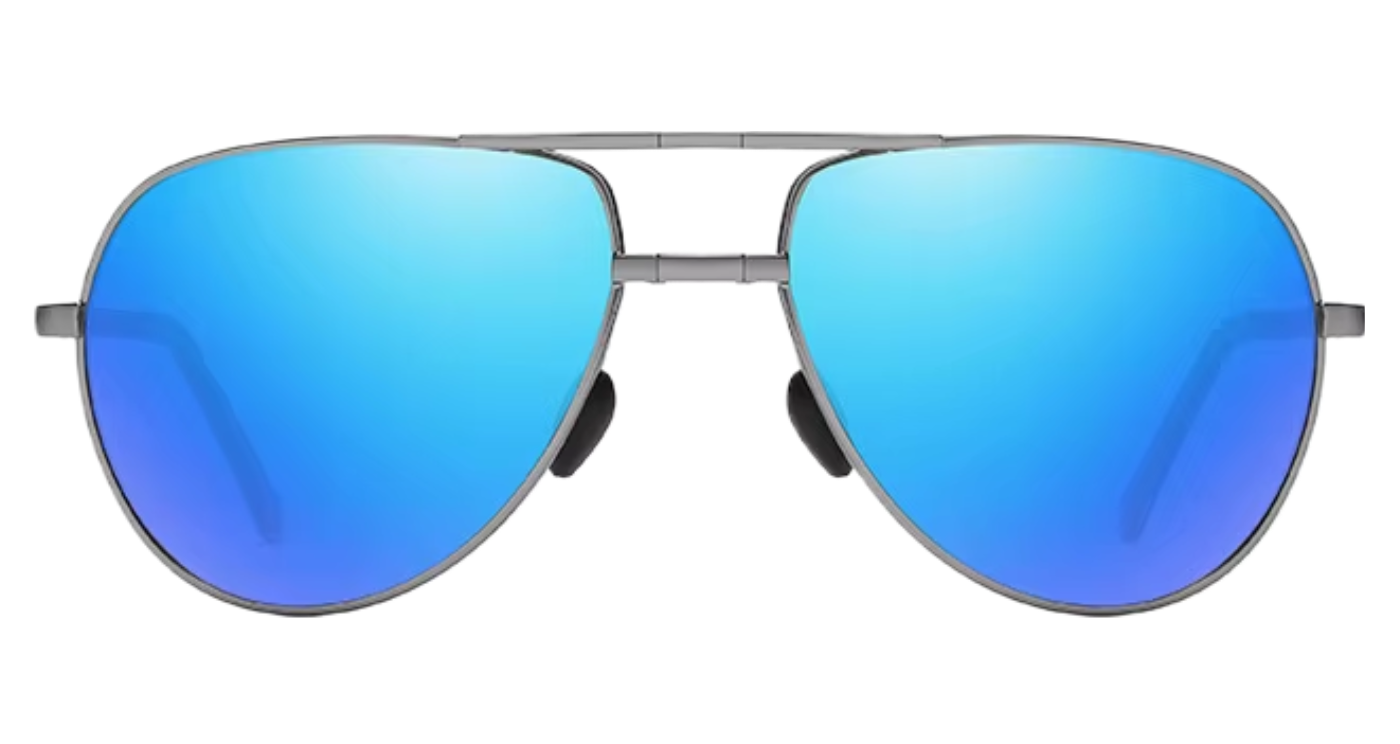A pair of modern folding aviator-style eyeglasses with a thin silver-tone metal frame, mirror blue lenses, and black temple tips, shown on a clean white background front view by Missandtrendy
