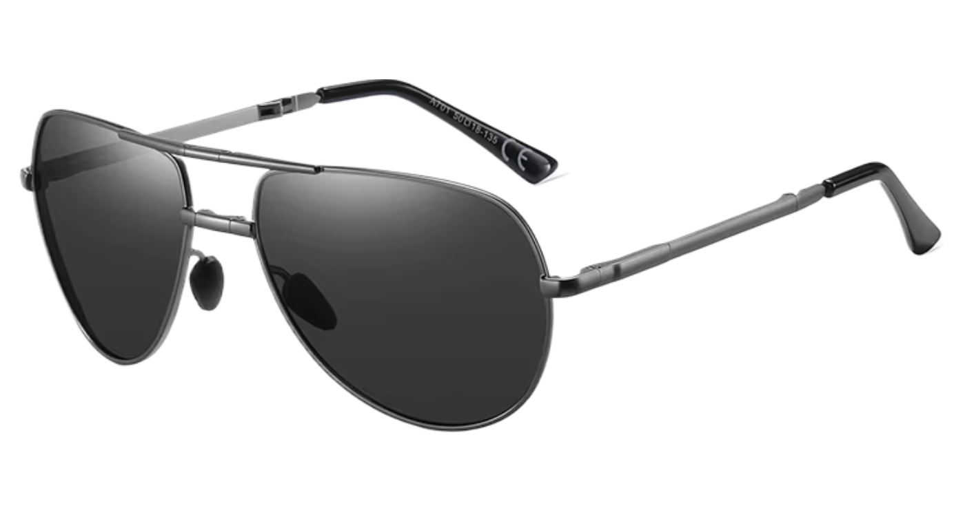 A pair of modern folding aviator-style eyeglasses with a thin silver-tone metal frame, black lenses, and black temple tips, shown on a clean white background 45º view by Missandtrendy