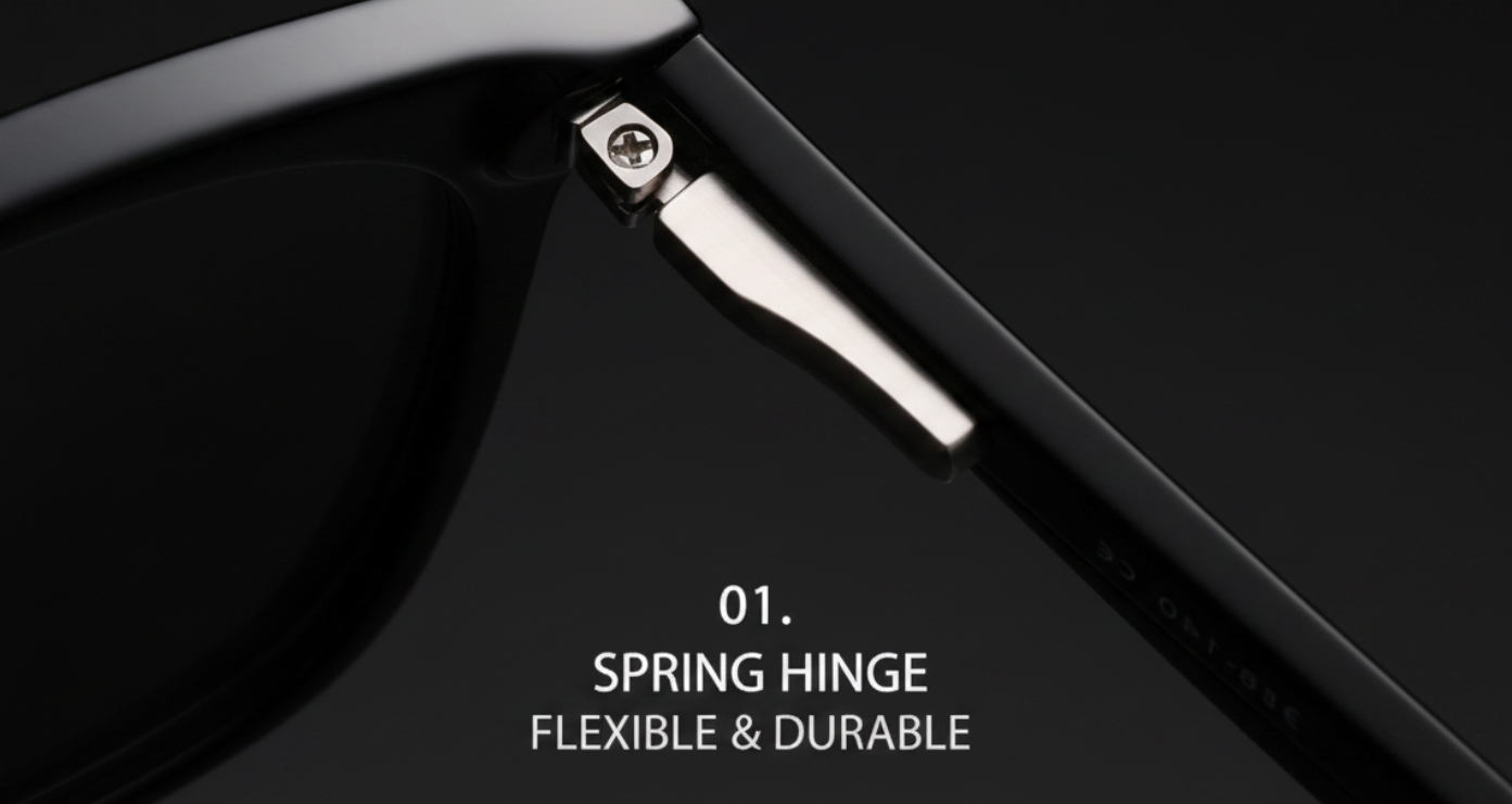 Close-up of a black sunglasses frame showing the hinge area with white text reading '01. SPRING HINGE FLEXIBLE & DURABLE' on a dark background.
