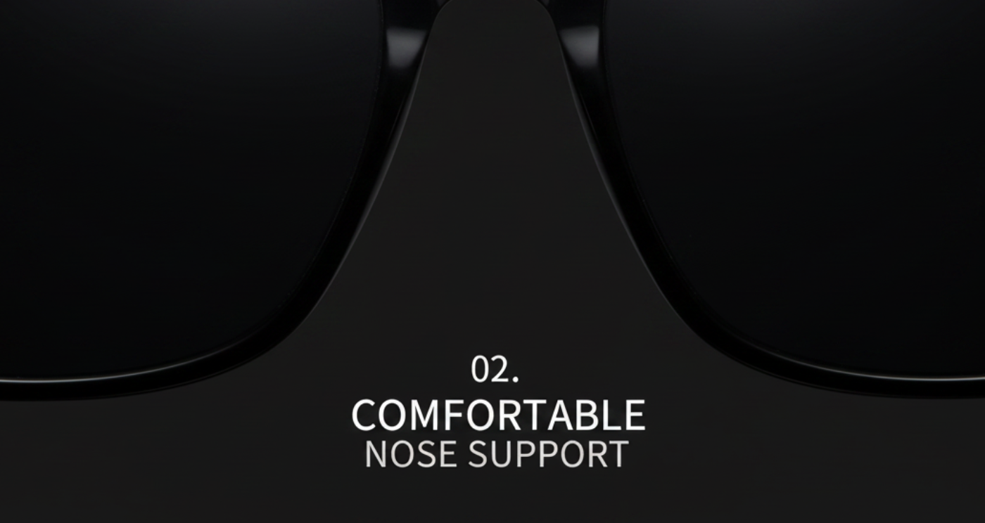 Close-up of black sunglasses with text reading '02. COMFORTABLE NOSE SUPPORT' on a dark background  By Missandtrendy