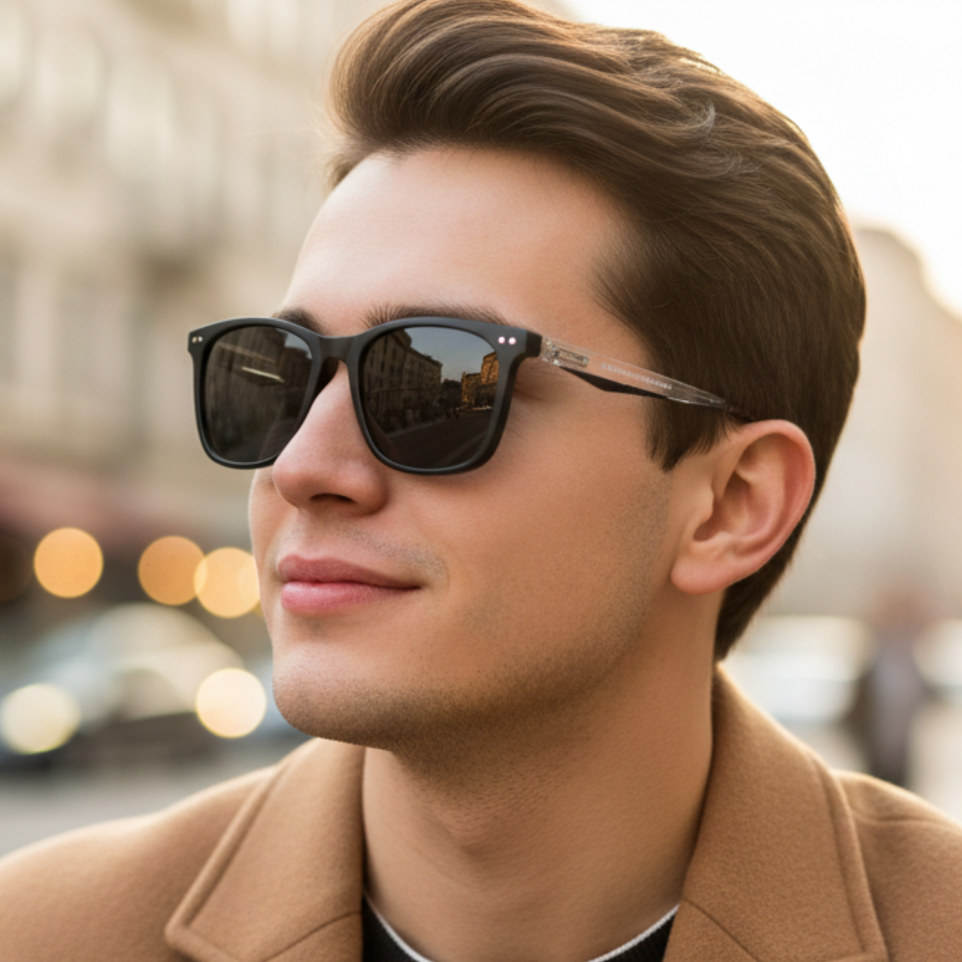 A man wearing black square sunglasses with clear temple tips and a tan coat, shown in a close-up outdoor portrait. By Missandtrendy