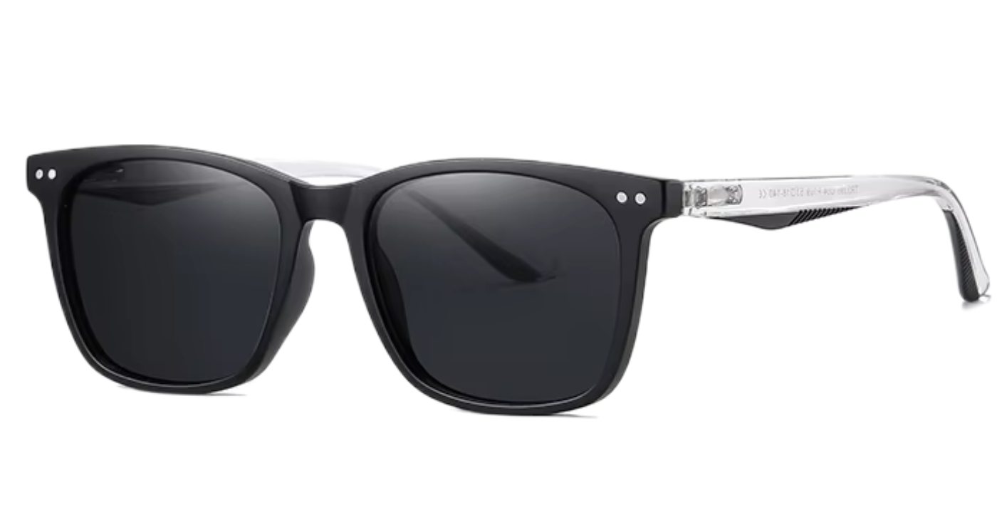 Missandtrendy Bristol  wayfarer sunglasses with clear frame and black lens 45º side view.