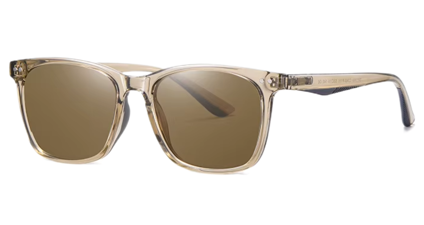 Missandtrendy  Bristol   wayfarer sunglasses with clear transparent brown frame and brown lens 45º side view new.