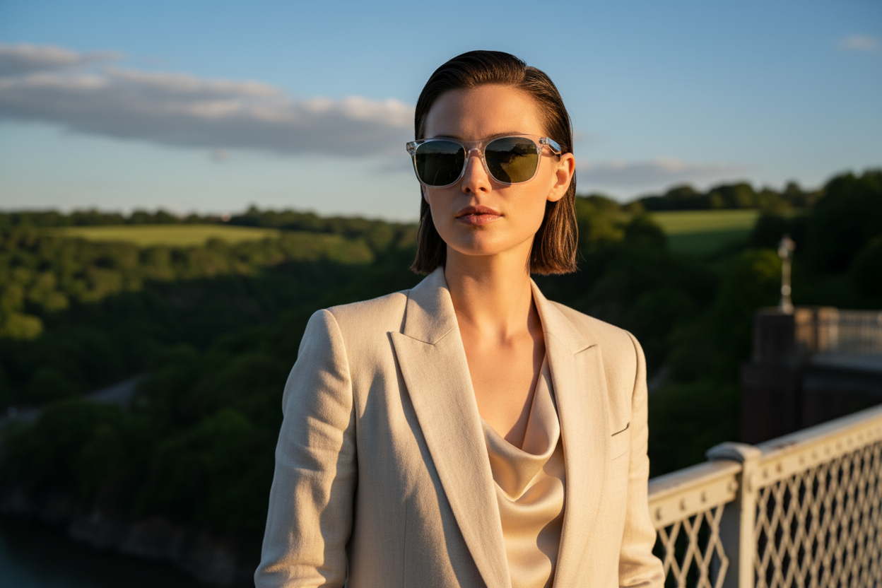 Bristol clear frame green lens sunglasses Clifton Suspension Bridge Bristol golden hour