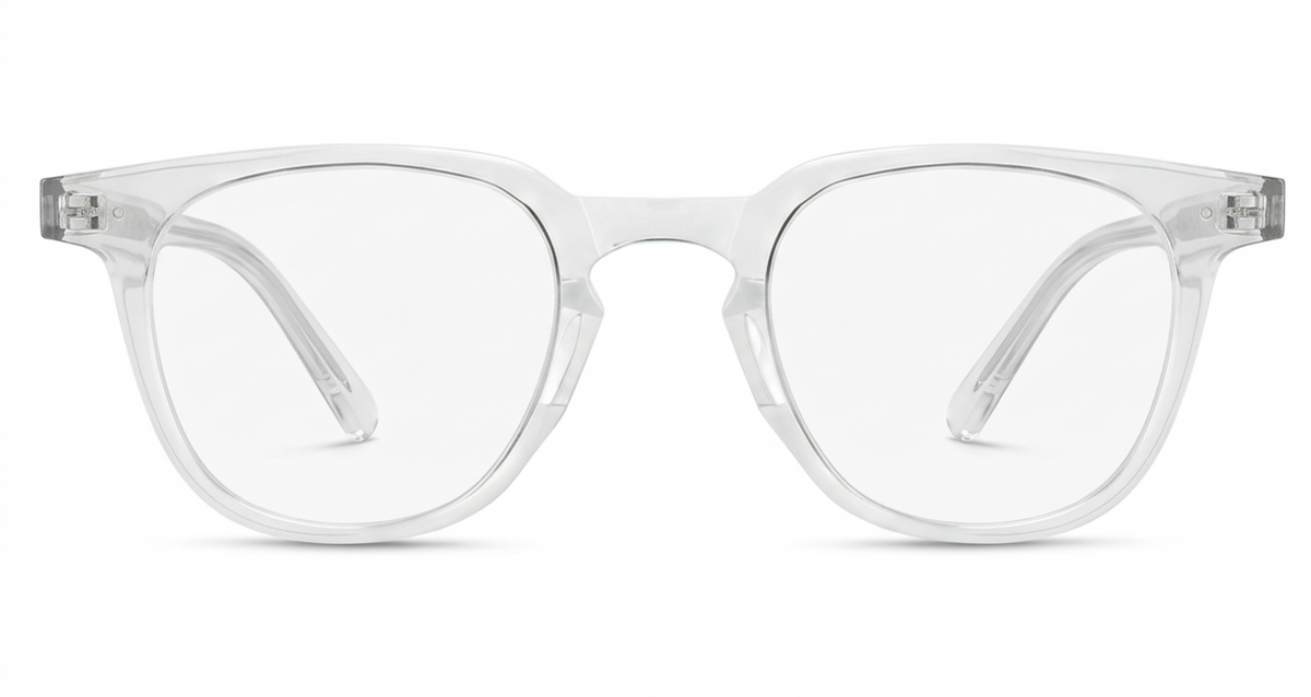 Candice Women's Clear acetate round eyeglasses with transparent lenses, shown from the front on a white background.