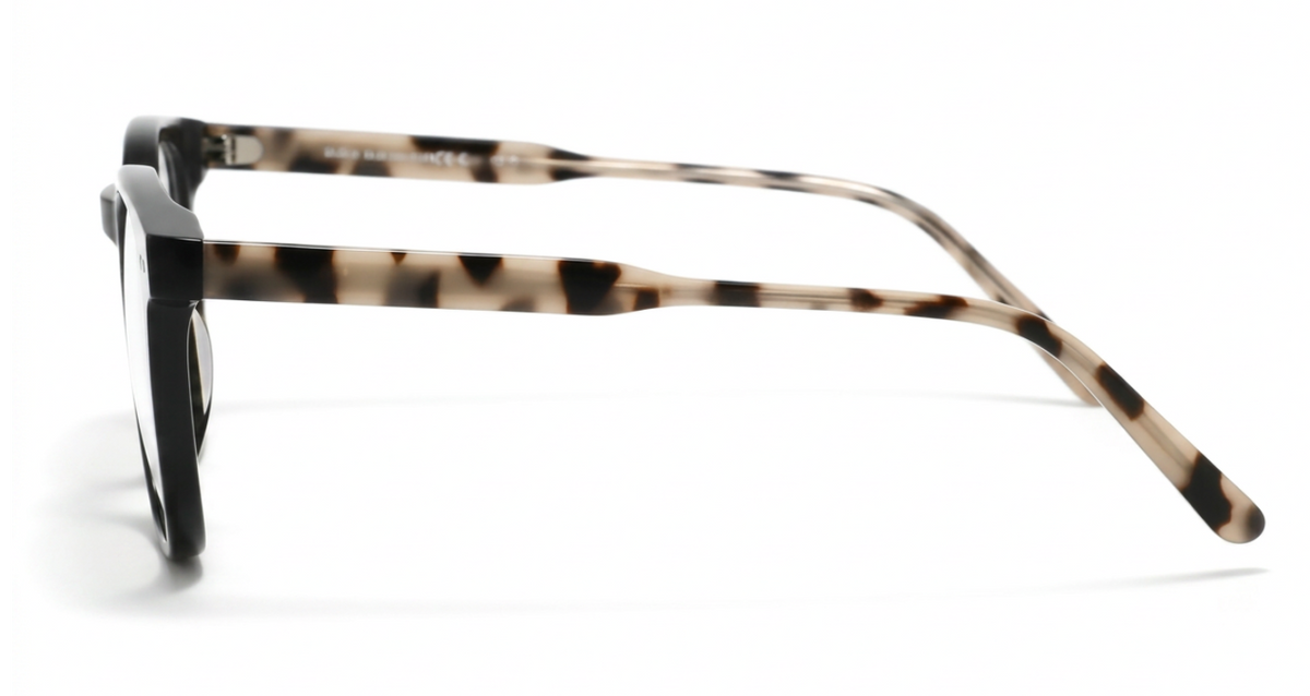 A pair of Candice II Women's Acetate Prescription square-frame eyeglasses with thick black rims and tortoiseshell-patterned temples, shown in a side profile view against a white background.