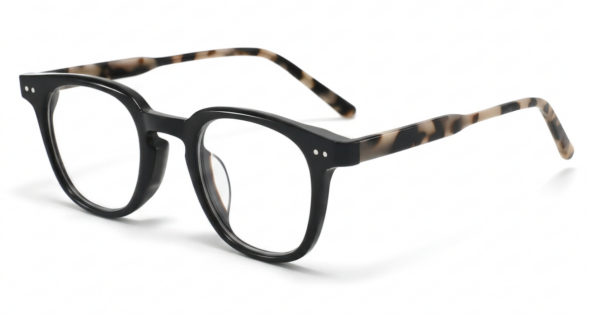 A pair of Candice II Women's Acetate Prescription round-frame eyeglasses with a glossy black front and tortoiseshell-patterned temples, shown on a clean white background.