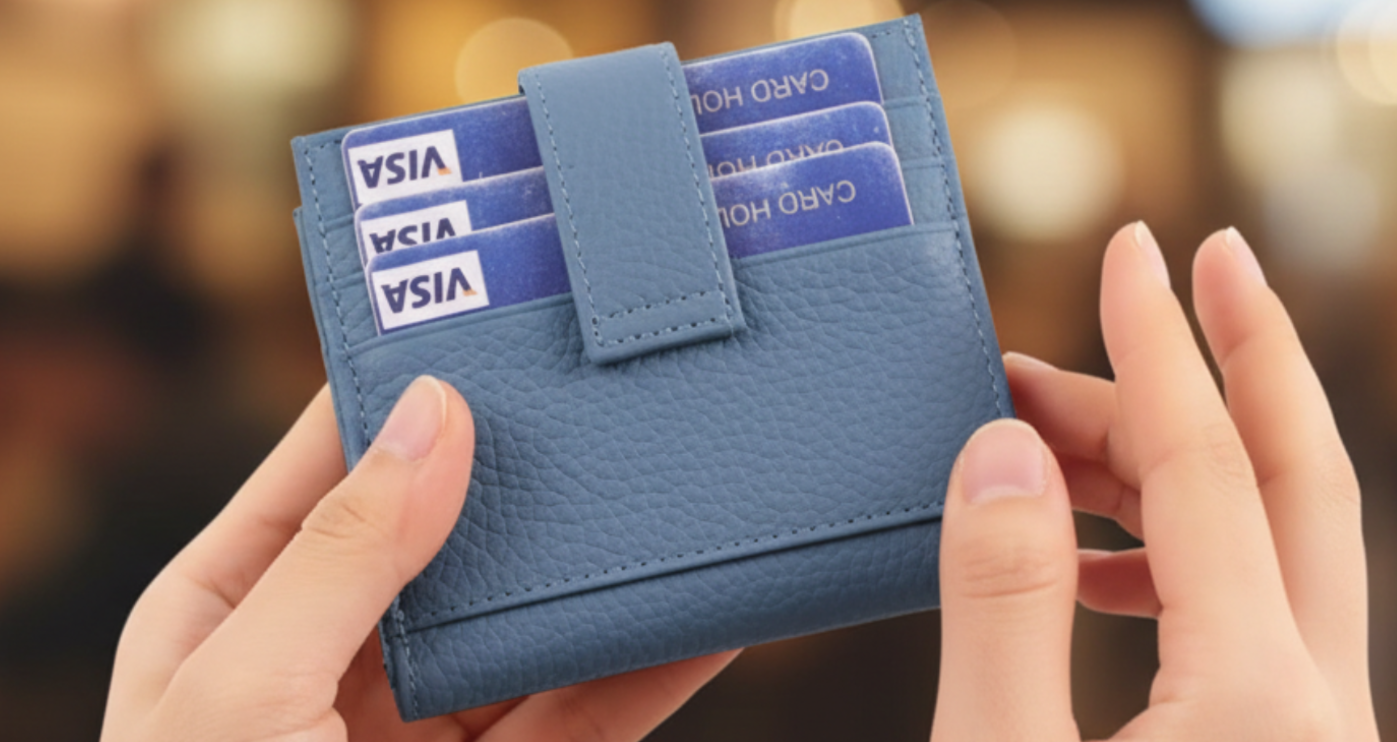 Genuine Leather Card Holder for Women Perfect Gift RFID navy hold in hand back.