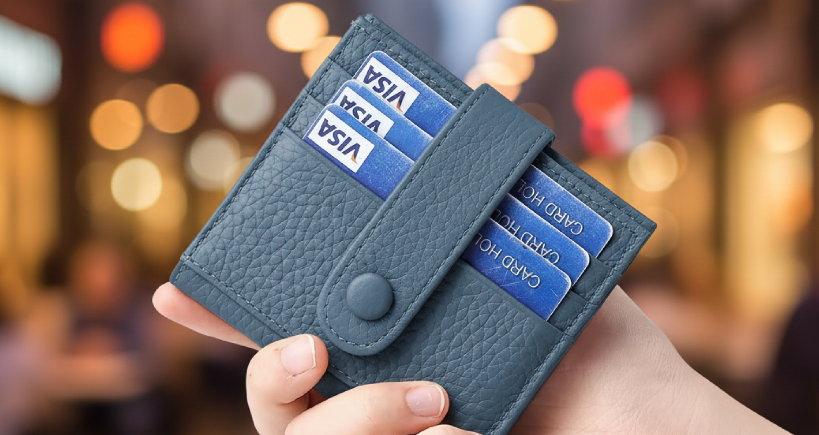 Genuine Leather Card Holder for Women Perfect Gift RFID navy hold in hand.