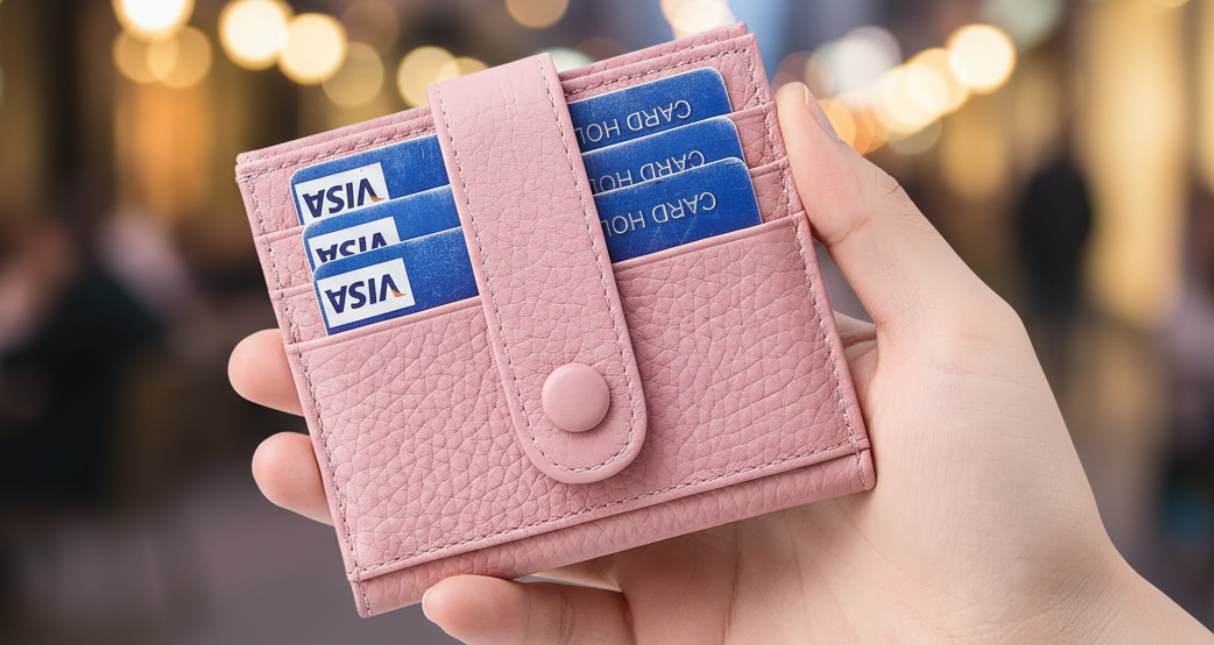 Genuine Leather Card Holder for Women Perfect Gift RFID Pink with cards front.