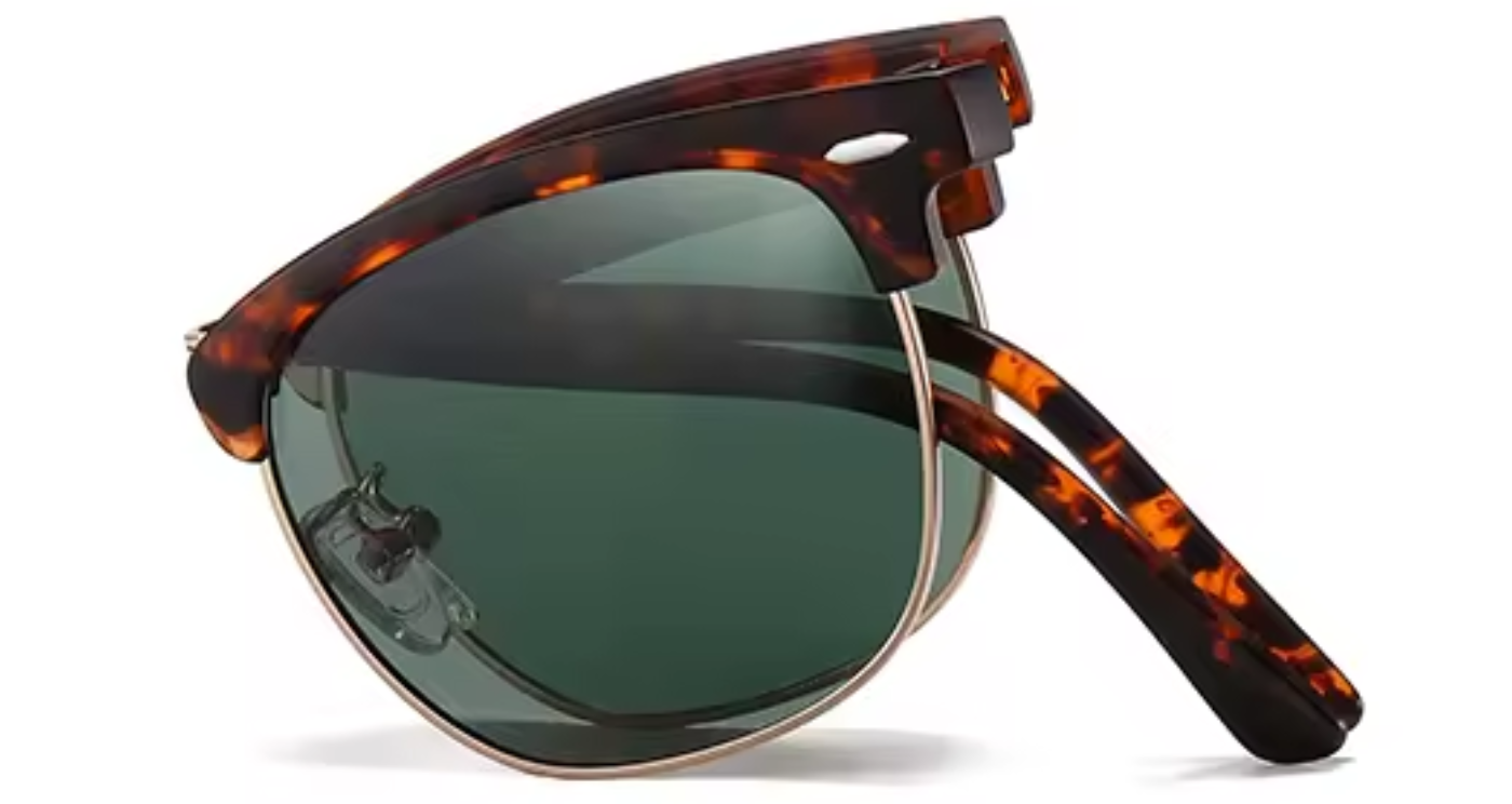 Cardiff - Oversized sunglasses with a thick tortoiseshell acetate frame, dark green lenses, and a gold metal rim, shown on a white background.diff - Missandtrendy