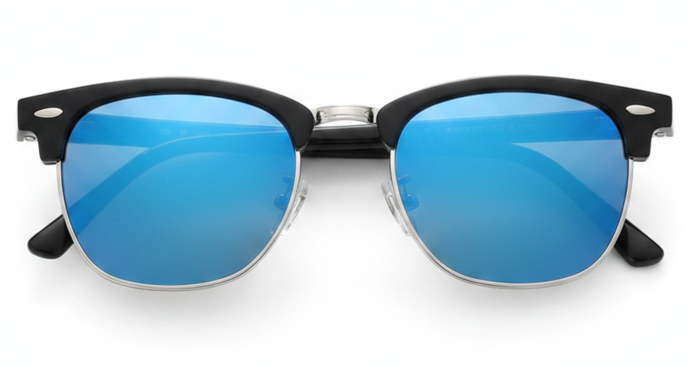 Cardiff - Black semi-rimless sunglasses with bright blue mirrored lenses, shown from the front on a white background - Missandtrendy