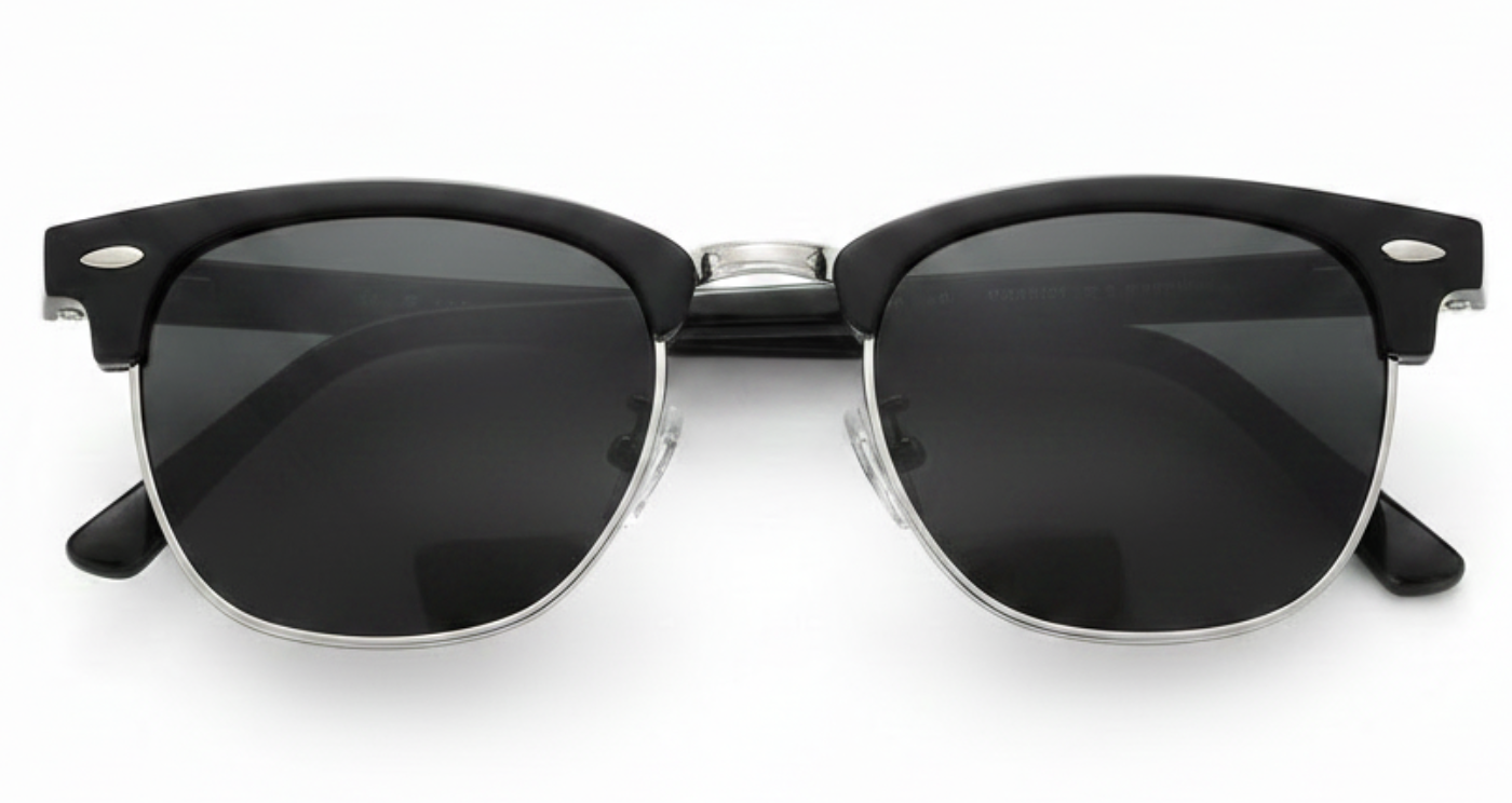 Cardiff - Black semi-rimless sunglasses with dark lenses and silver metal hinges, shown from the front on a white background - Missandtrendy